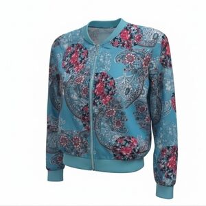 Teal Floral Paisley Zip Front Bomber Jacket Lightweight Sheer Boho Statement